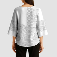 Niue White Sunday Kimono Sleeve Blouse Half Hiapo Pattern Vibes - Polynesian Pride