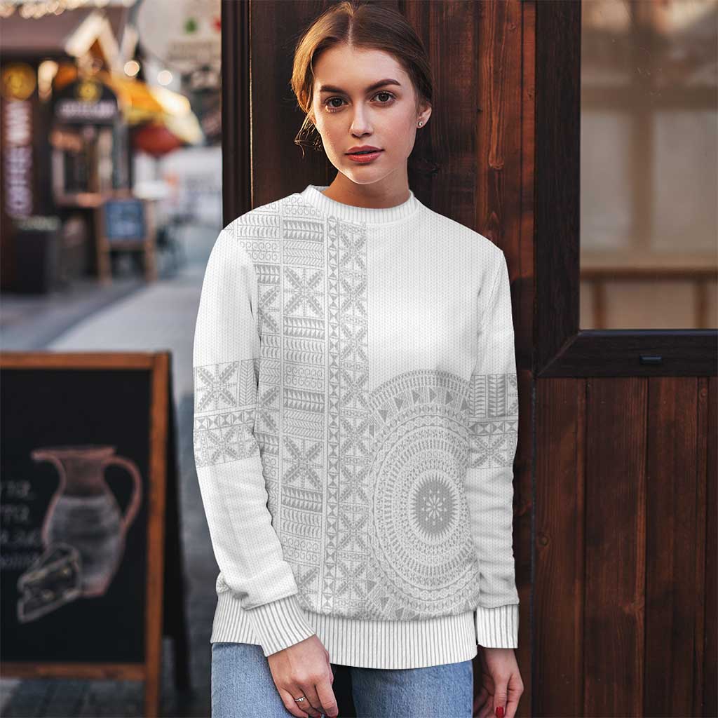 Niue White Sunday Ugly Christmas Sweater Half Hiapo Pattern Vibes - Polynesian Pride