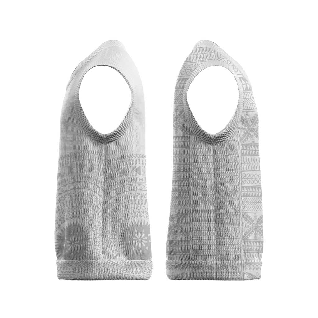 Niue White Sunday Christmas Knitted V-Neck Vest Half Hiapo Pattern Vibes - Polynesian Pride