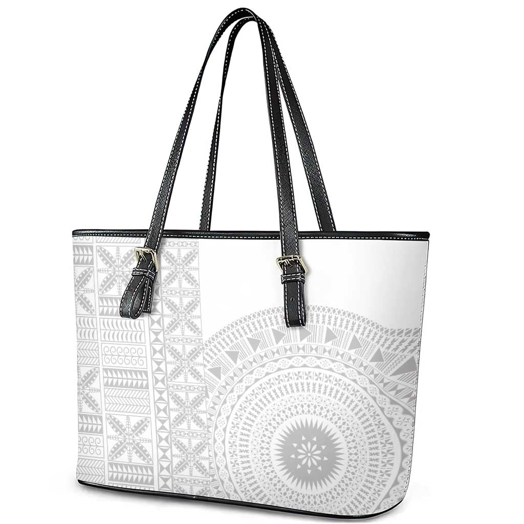 Niue White Sunday Leather Tote Bag Half Hiapo Pattern Vibes - Polynesian Pride