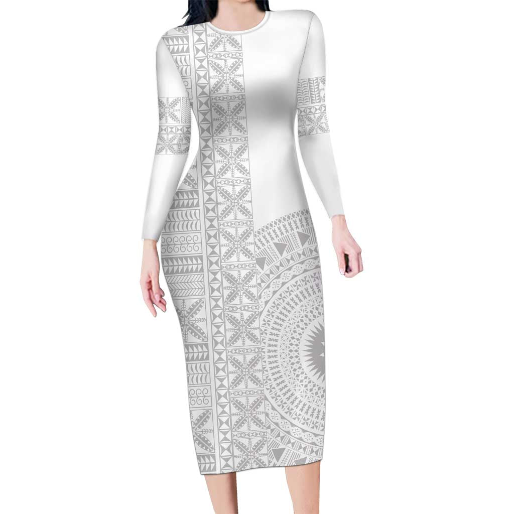 Niue White Sunday Long Sleeve Bodycon Dress Half Hiapo Pattern Vibes - Polynesian Pride