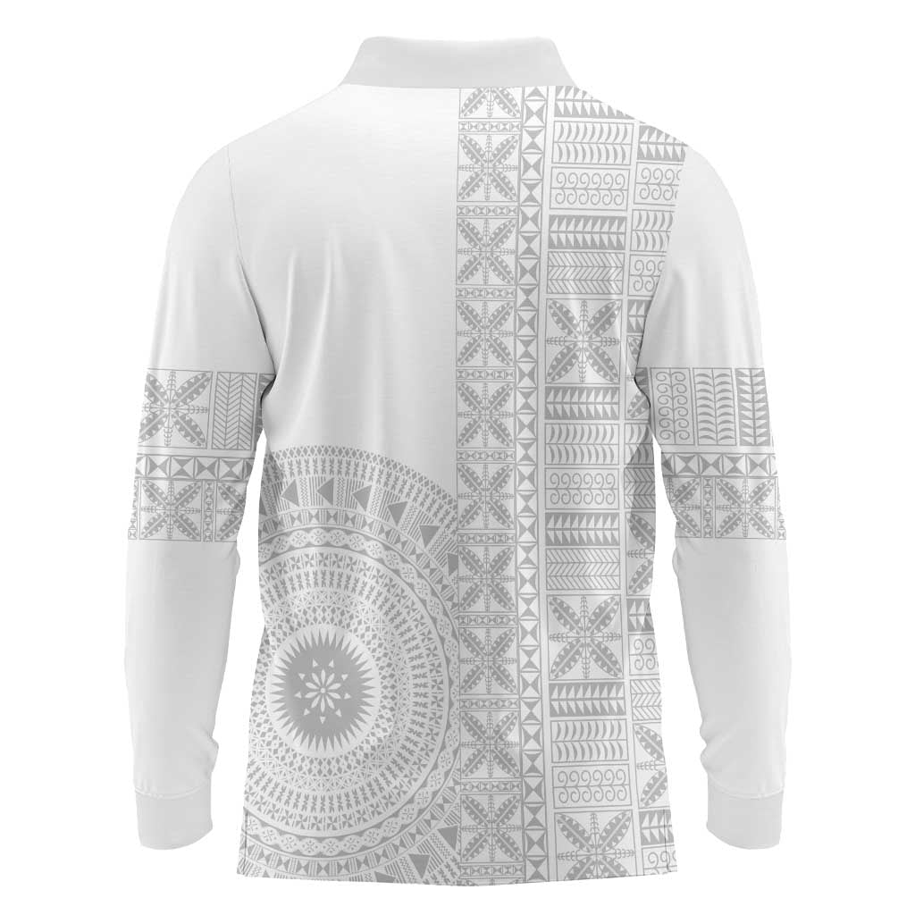 Niue White Sunday Long Sleeve Polo Shirt Half Hiapo Pattern Vibes - Polynesian Pride