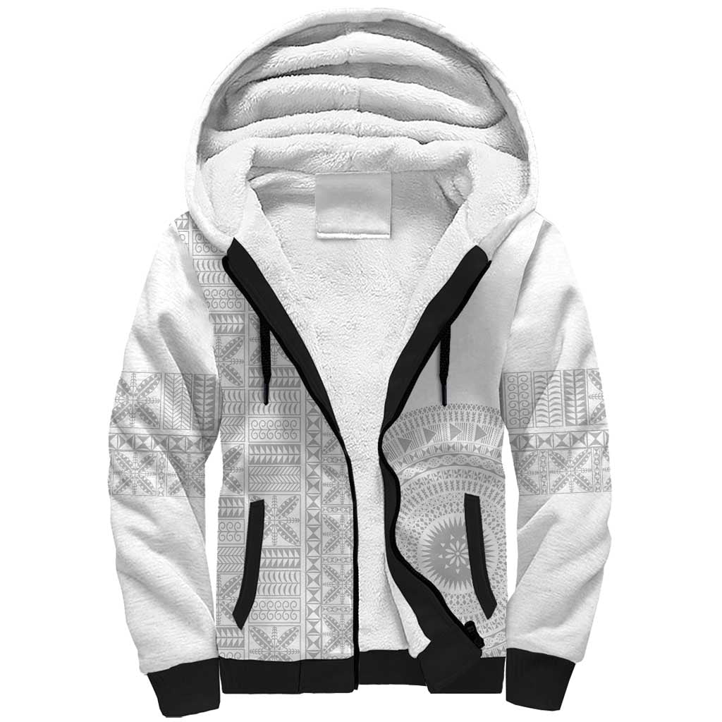 Niue White Sunday Sherpa Hoodie Half Hiapo Pattern Vibes - Polynesian Pride