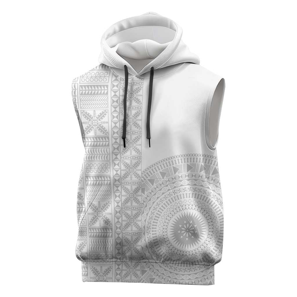 Niue White Sunday Sleeveless Hoodie Half Hiapo Pattern Vibes - Polynesian Pride