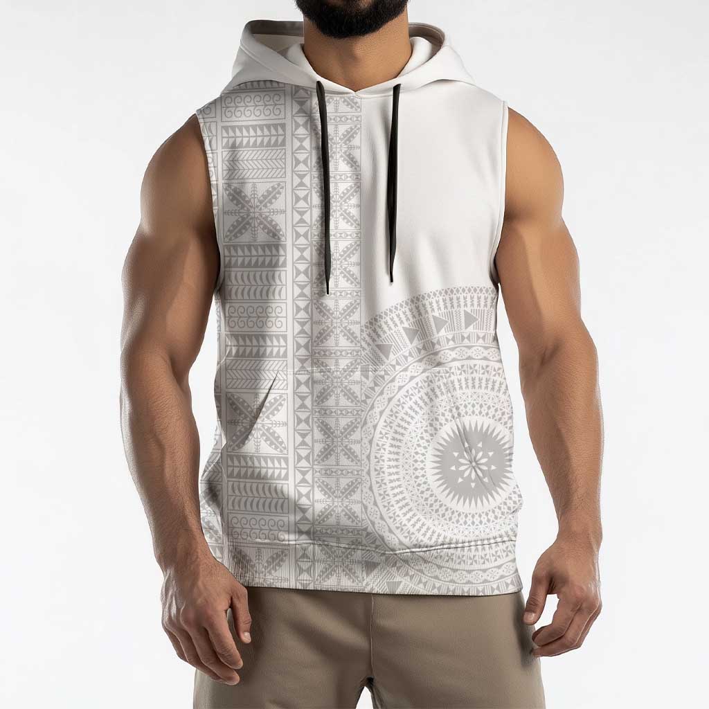 Niue White Sunday Sleeveless Hoodie Half Hiapo Pattern Vibes - Polynesian Pride