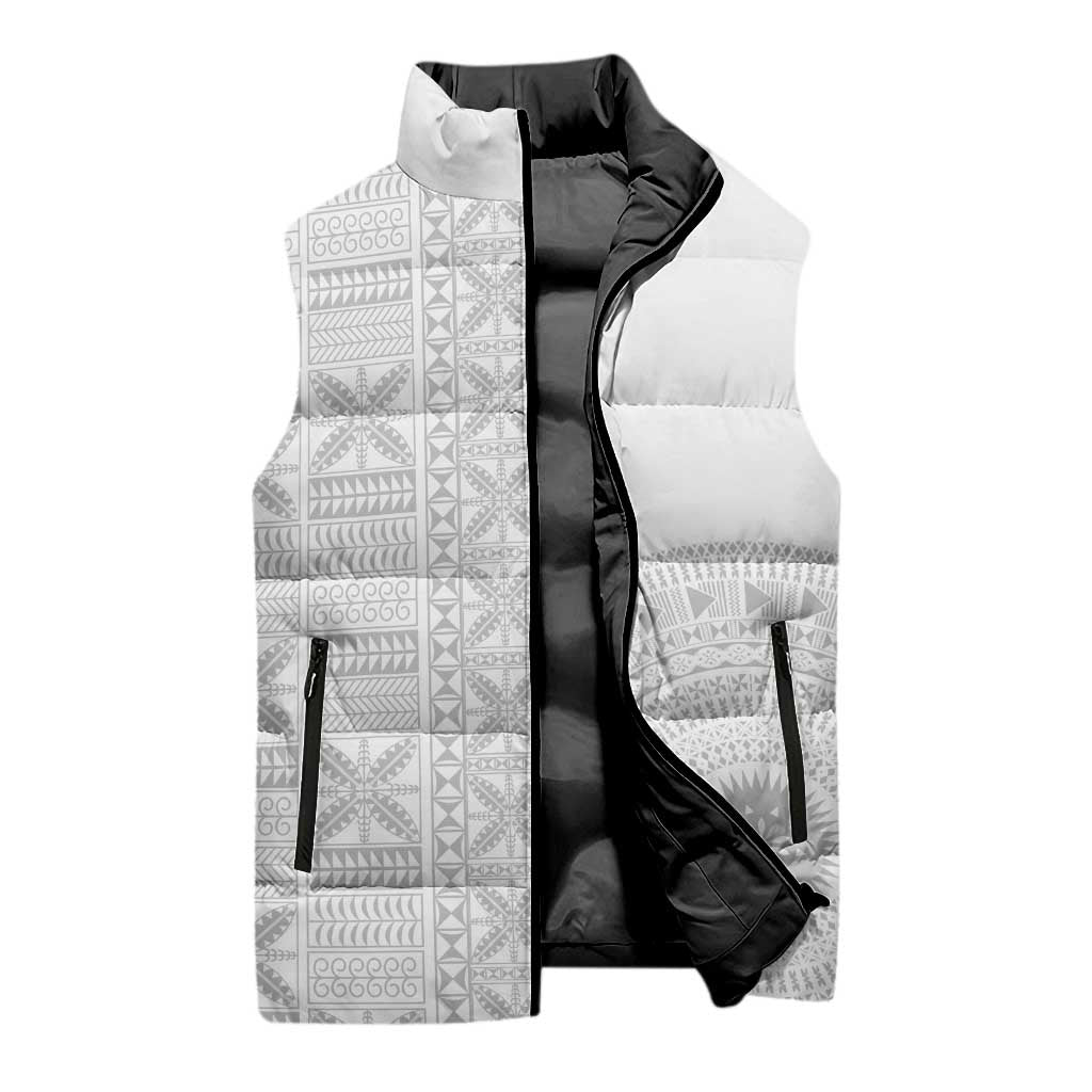 Niue White Sunday Sleeveless Puffer Jacket Half Hiapo Pattern Vibes - Polynesian Pride