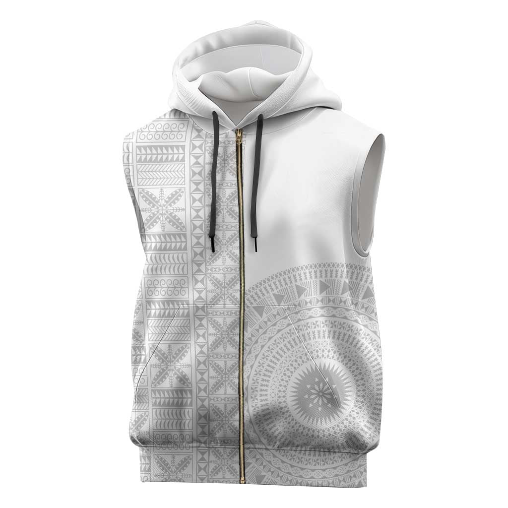 Niue White Sunday Sleeveless Zip Hoodie Half Hiapo Pattern Vibes - Polynesian Pride