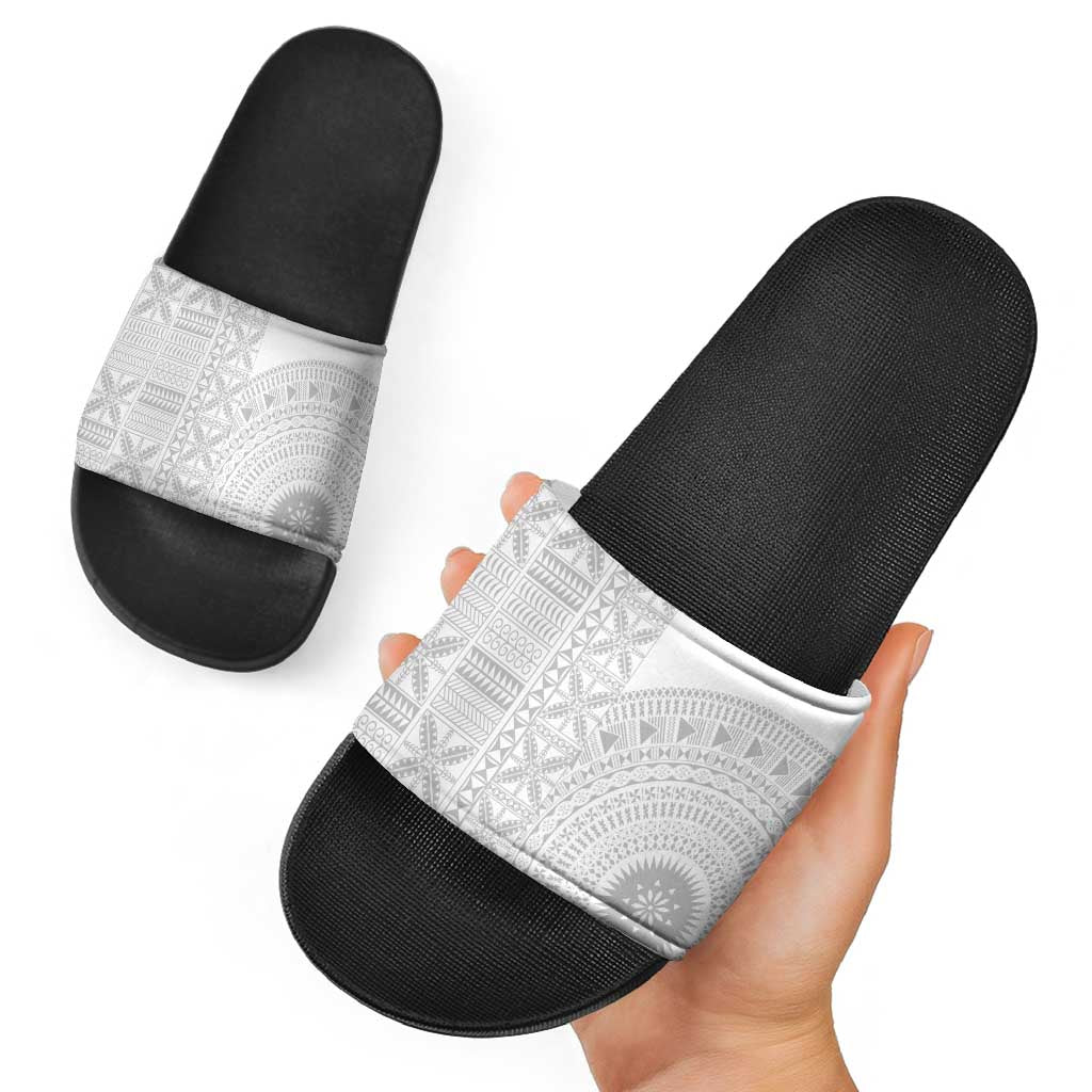 Niue White Sunday Slide Sandals Half Hiapo Pattern Vibes - Polynesian Pride