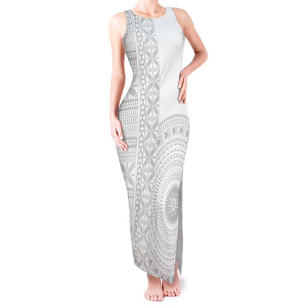 Niue White Sunday Tank Maxi Dress Half Hiapo Pattern Vibes - Polynesian Pride