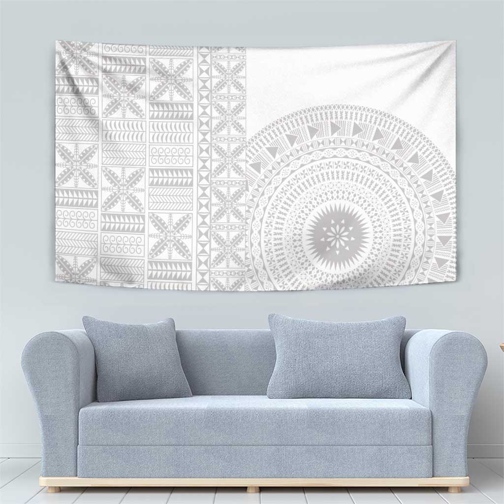 Niue White Sunday Tapestry Half Hiapo Pattern Vibes - Polynesian Pride