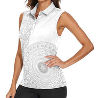 Niue White Sunday Women Sleeveless Polo Shirt Half Hiapo Pattern Vibes - Polynesian Pride