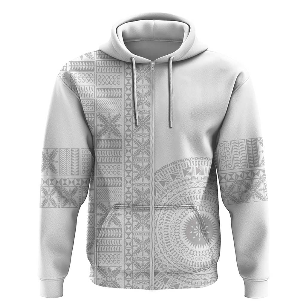 Niue White Sunday Zip Hoodie Half Hiapo Pattern Vibes - Polynesian Pride