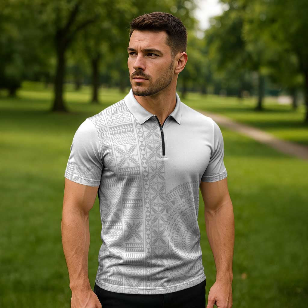 Niue White Sunday Zipper Polo Shirt Half Hiapo Pattern Vibes - Polynesian Pride