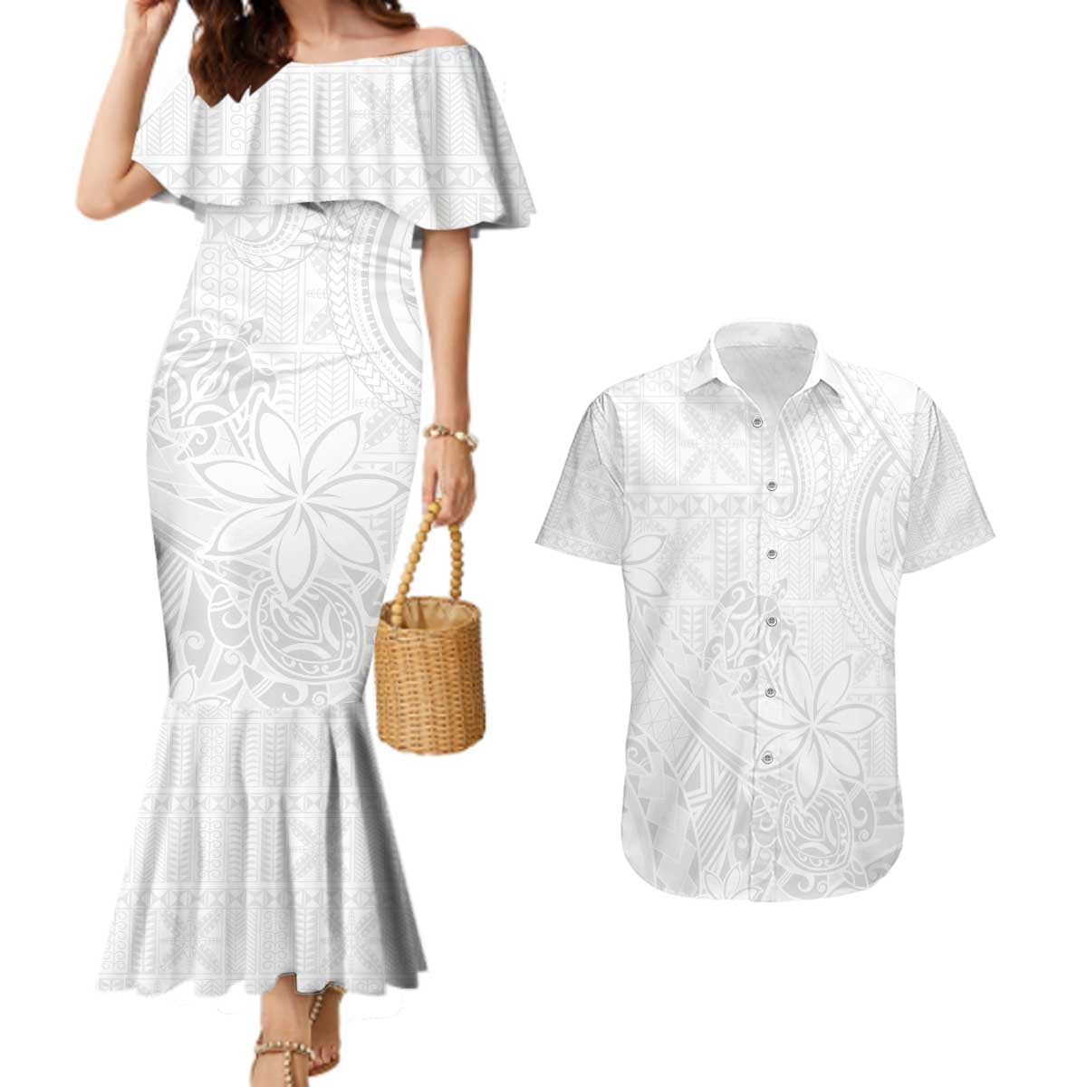 Tapu Fanau Ia Niue Couples Matching Mermaid Dress and Hawaiian Shirt Happy White Sunday Unique Hiapo - Polynesian Pride