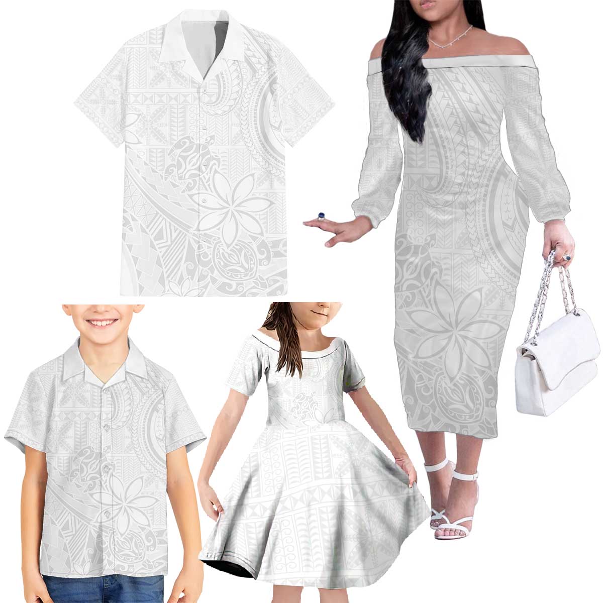 Tapu Fanau Ia Niue Family Matching Off The Shoulder Long Sleeve Dress and Hawaiian Shirt Happy White Sunday Unique Hiapo - Polynesian Pride