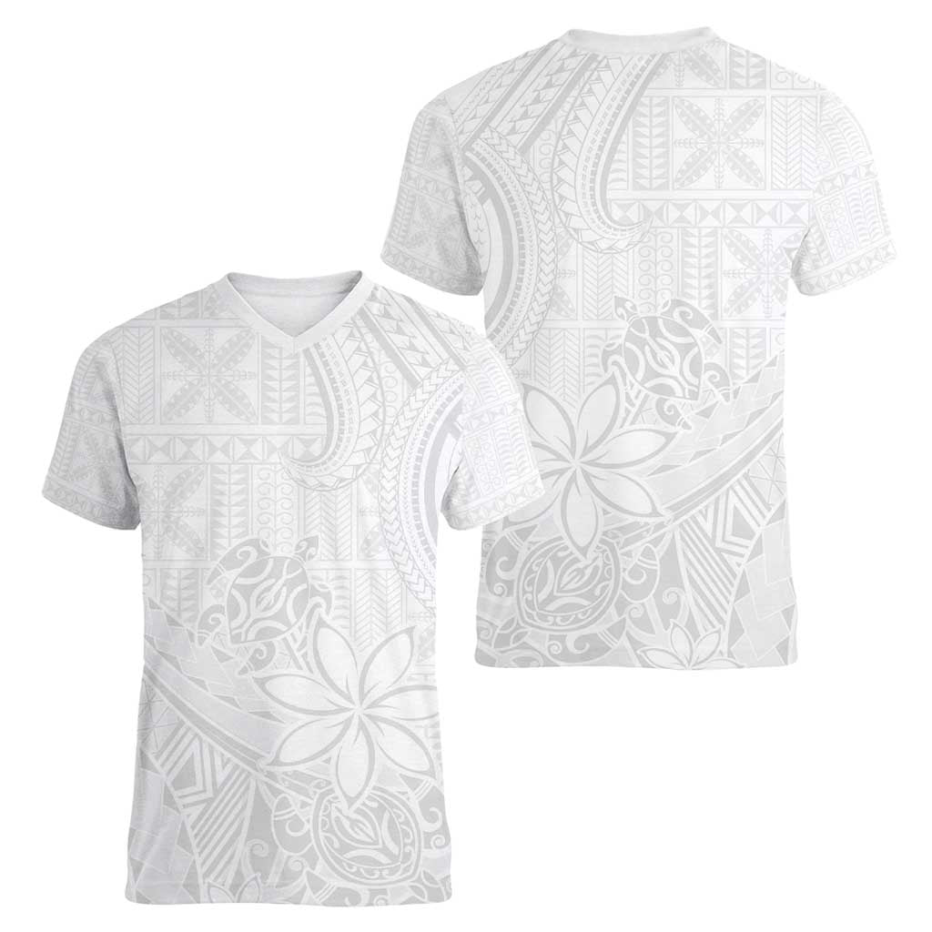 Tapu Fanau Ia Niue Women V-Neck T-Shirt Happy White Sunday Unique Hiapo - Polynesian Pride