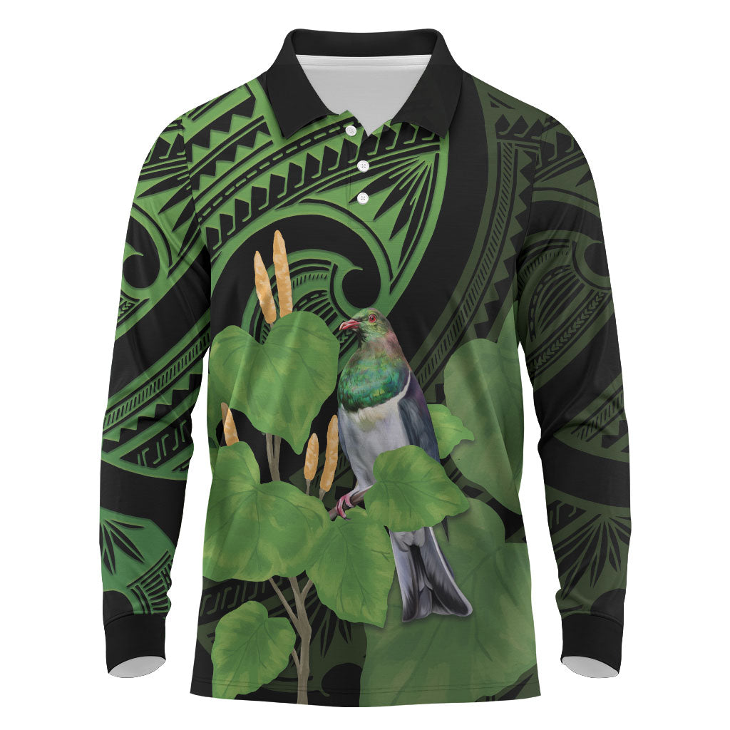 Kawakawa Rongoa Maori Kereru New Zealand Long Sleeve Polo Shirt LT14 Green - Polynesian Pride