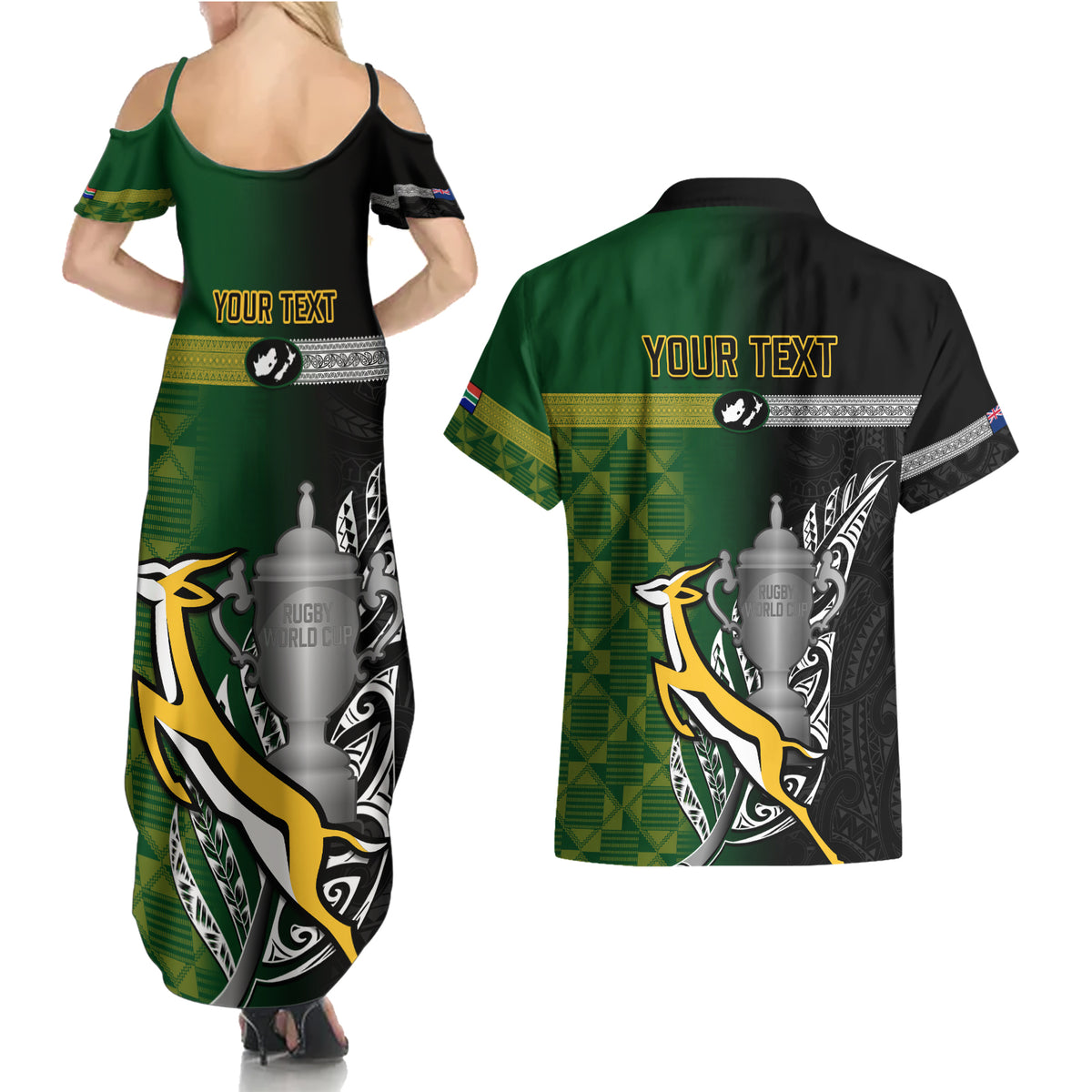 Personalised New Zealand and South Africa Rugby Couples Matching Summer Maxi Dress and Hawaiian Shirt 2023 World Cup Final All Black Springboks Together LT14 - Polynesian Pride