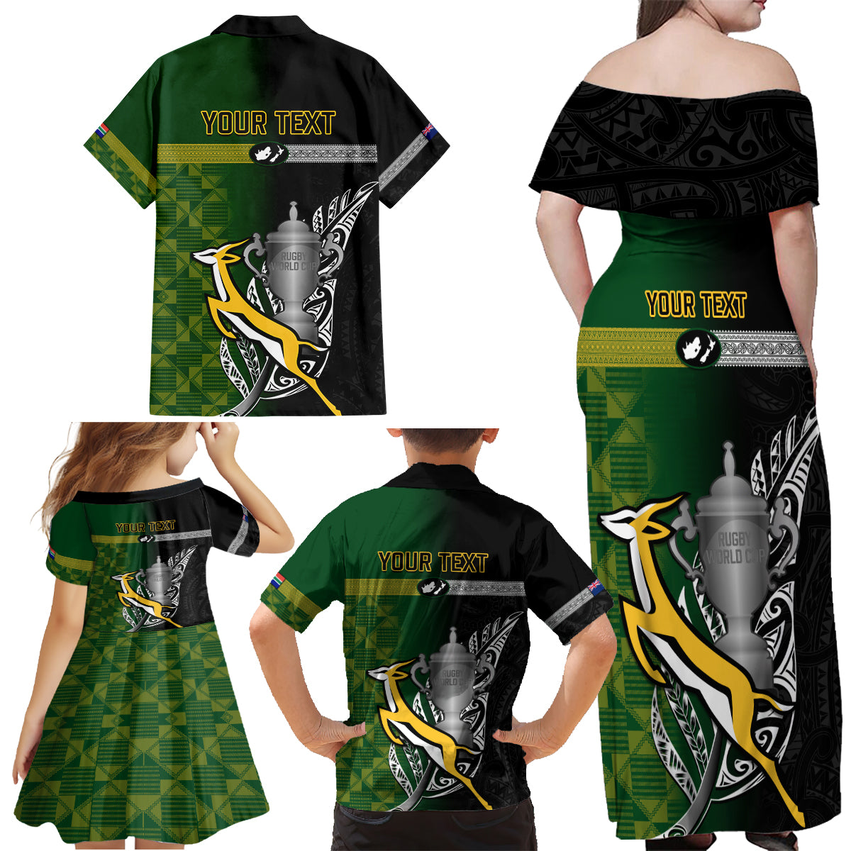 Personalised New Zealand and South Africa Rugby Family Matching Off Shoulder Maxi Dress and Hawaiian Shirt 2023 World Cup Final All Black Springboks Together LT14 - Polynesian Pride