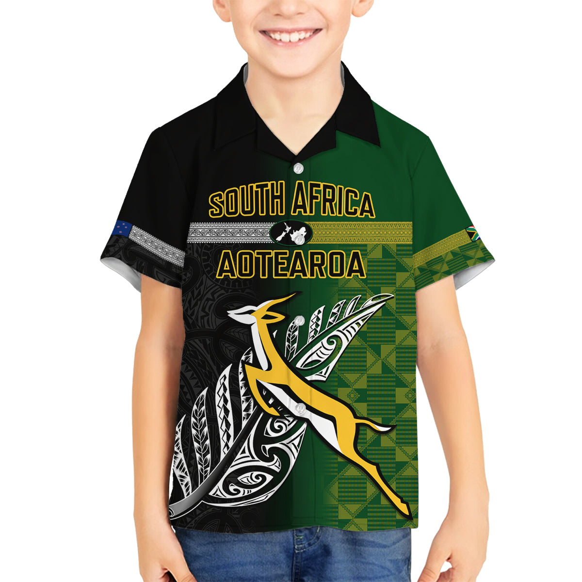 Personalised New Zealand and South Africa Rugby Family Matching Tank Maxi Dress and Hawaiian Shirt 2023 World Cup Final All Black Springboks Together LT14 Son's Shirt Black - Polynesian Pride
