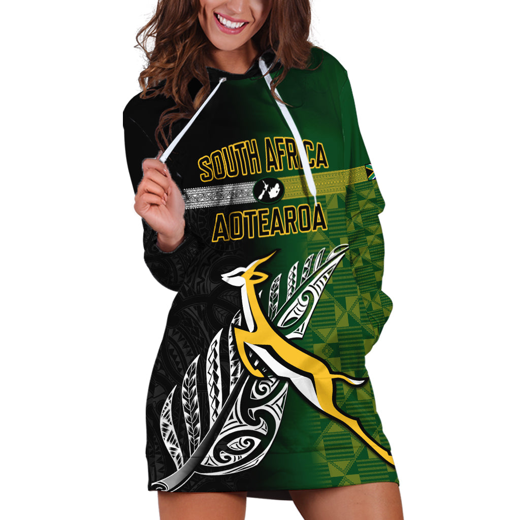 Personalised New Zealand and South Africa Rugby Hoodie Dress 2023 World Cup Final All Black Springboks Together LT14 Black - Polynesian Pride