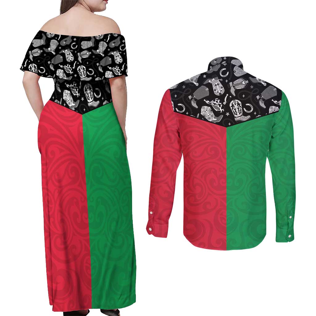 Vanuatu Cowboy Couples Matching Off Shoulder Maxi Dress and Long Sleeve Button Shirt Cowboy Symbols Split Stylized - Polynesian Pride