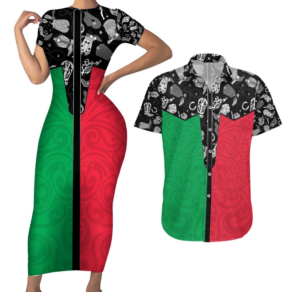 Vanuatu Cowboy Couples Matching Short Sleeve Bodycon Dress and Hawaiian Shirt Cowboy Symbols Split Stylized - Polynesian Pride