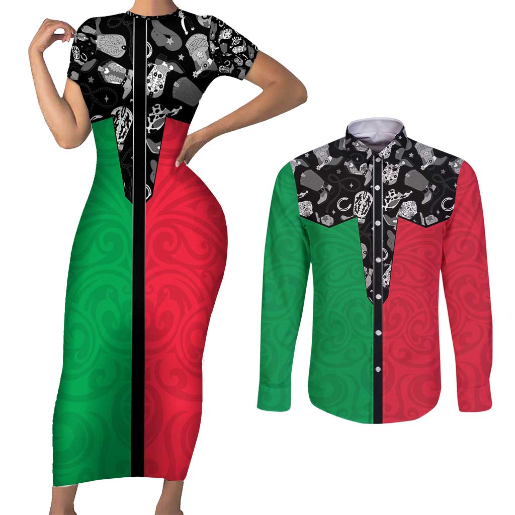 Vanuatu Cowboy Couples Matching Short Sleeve Bodycon Dress and Long Sleeve Button Shirt Cowboy Symbols Split Stylized - Polynesian Pride