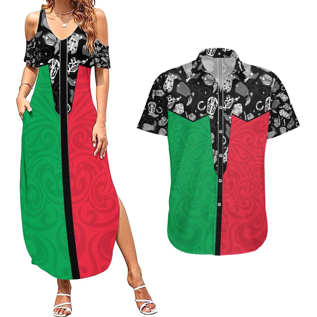 Vanuatu Cowboy Couples Matching Summer Maxi Dress and Hawaiian Shirt Cowboy Symbols Split Stylized - Polynesian Pride