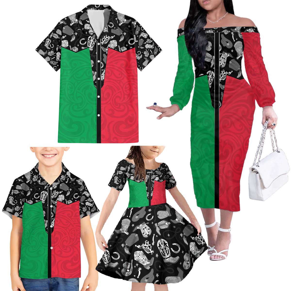Vanuatu Cowboy Family Matching Off The Shoulder Long Sleeve Dress and Hawaiian Shirt Cowboy Symbols Split Stylized - Polynesian Pride