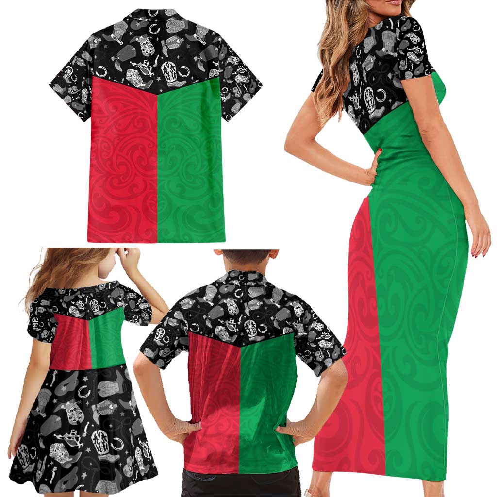 Vanuatu Cowboy Family Matching Short Sleeve Bodycon Dress and Hawaiian Shirt Cowboy Symbols Split Stylized - Polynesian Pride