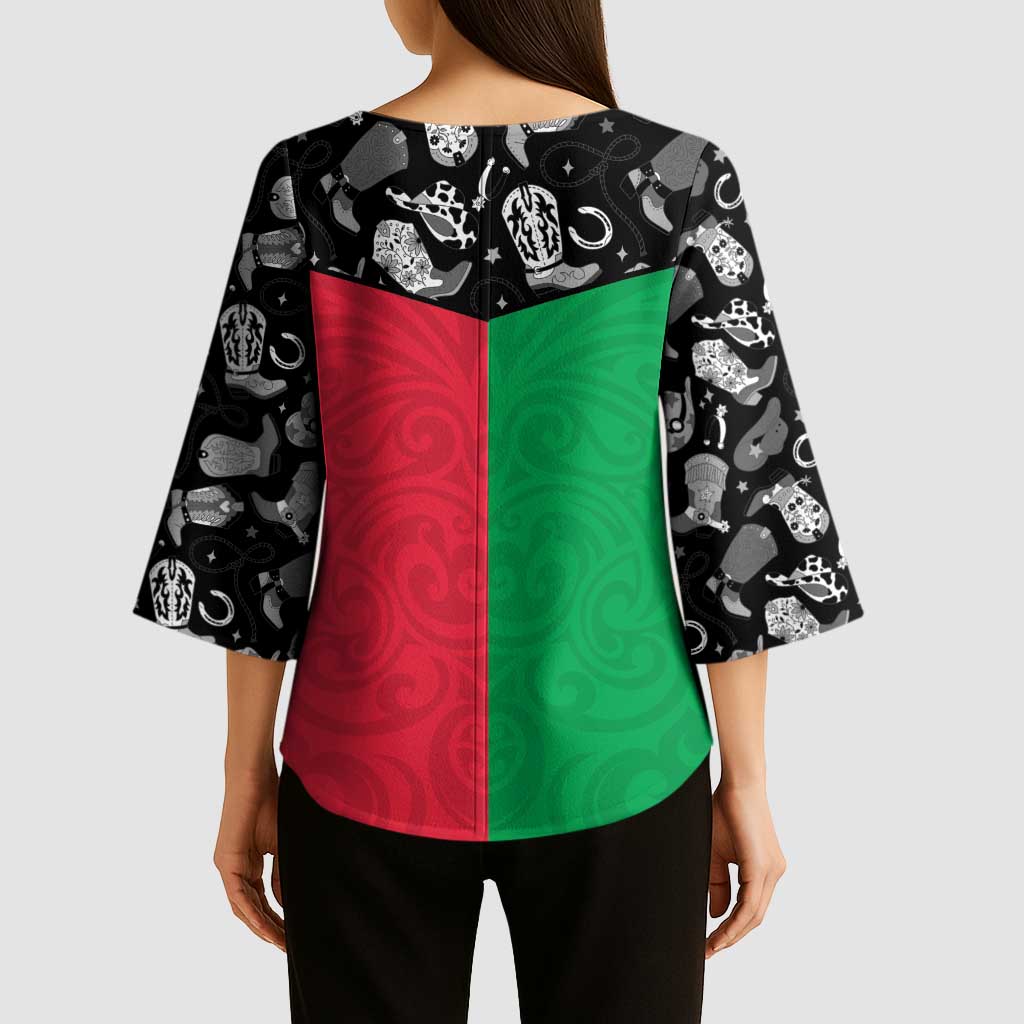 Vanuatu Cowboy Kimono Sleeve Blouse Cowboy Symbols Split Stylized - Polynesian Pride