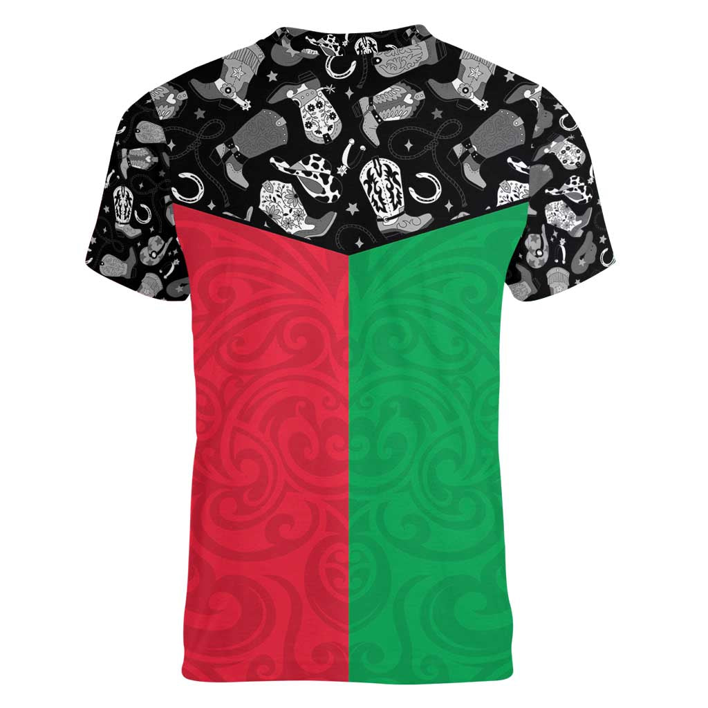 Vanuatu Cowboy Women V-Neck T-Shirt Cowboy Symbols Split Stylized - Polynesian Pride