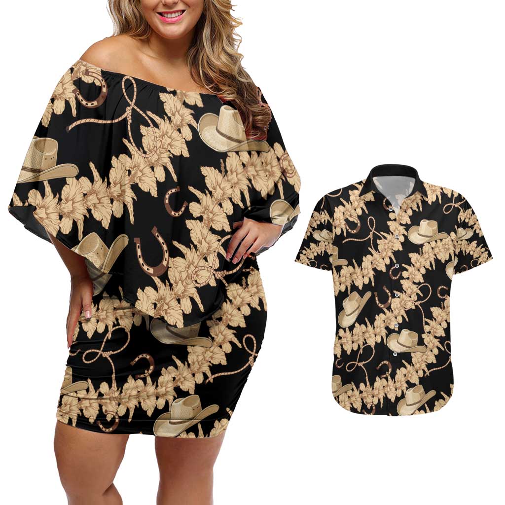 Vanuatu Cowboy Couples Matching Off Shoulder Short Dress and Hawaiian Shirt Seamless Straw Hats Hibiscus - Polynesian Pride