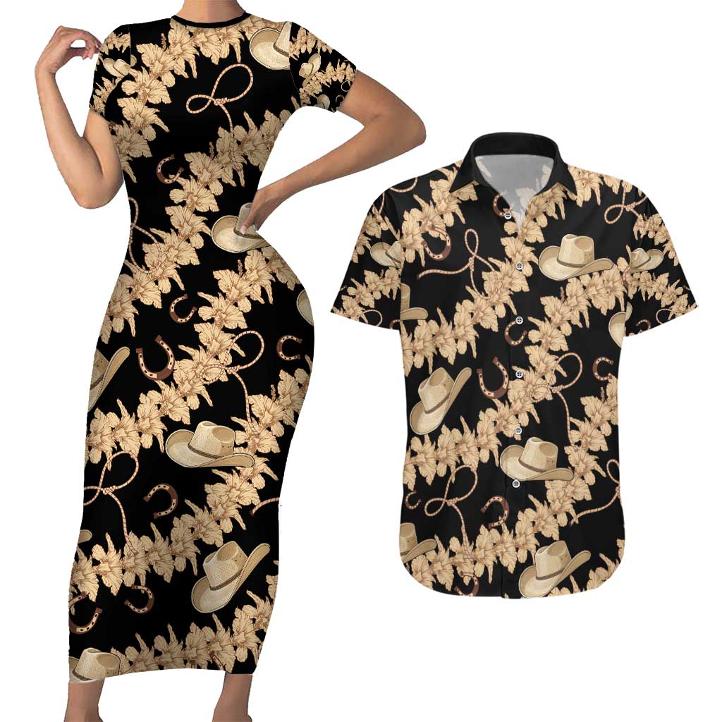 Vanuatu Cowboy Couples Matching Short Sleeve Bodycon Dress and Hawaiian Shirt Seamless Straw Hats Hibiscus - Polynesian Pride