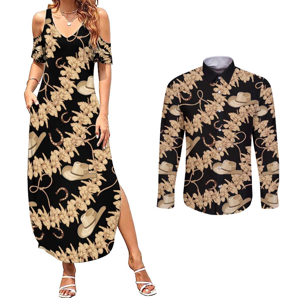 Vanuatu Cowboy Couples Matching Summer Maxi Dress and Long Sleeve Button Shirt Seamless Straw Hats Hibiscus - Polynesian Pride