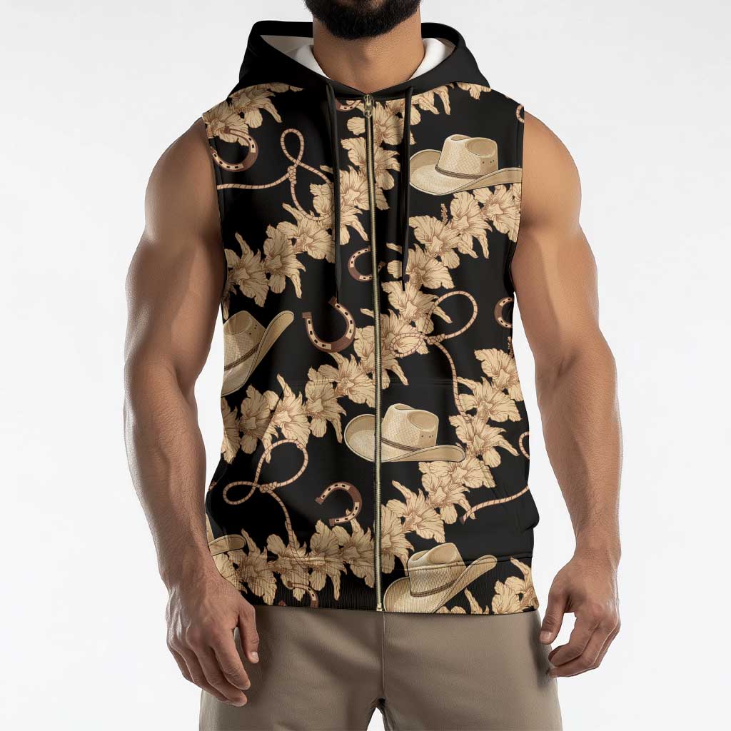 Vanuatu Cowboy Sleeveless Zip Hoodie Seamless Straw Hats Hibiscus - Polynesian Pride