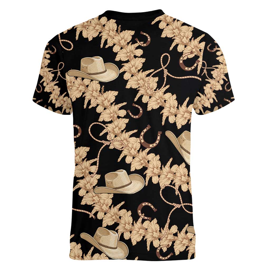 Vanuatu Cowboy Women V-Neck T-Shirt Seamless Straw Hats Hibiscus - Polynesian Pride