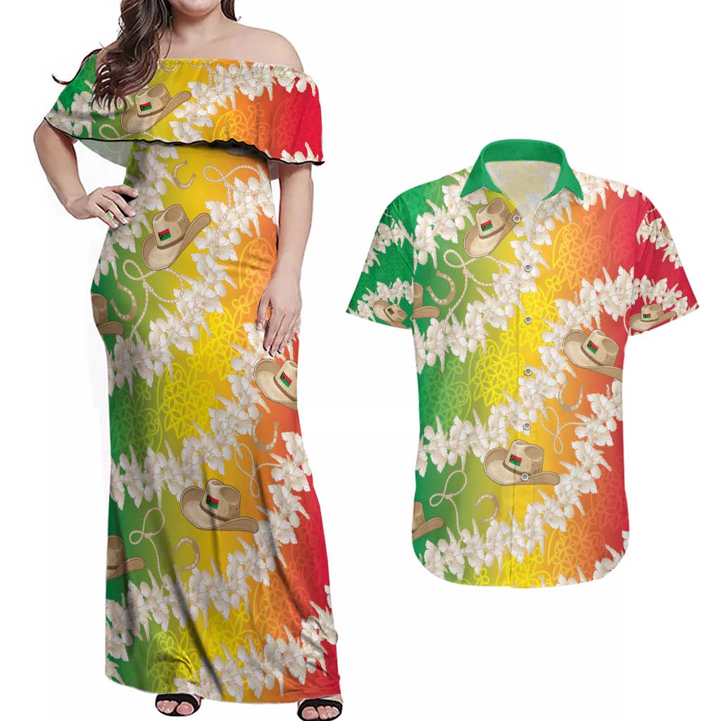 Vanuatu Cowboy Couples Matching Off Shoulder Maxi Dress and Hawaiian Shirt Straw Hats Hibiscus With Sand Drawing - Polynesian Pride