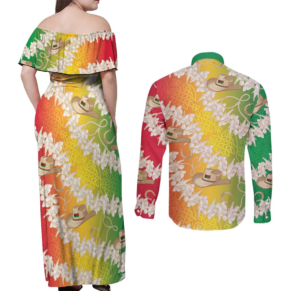 Vanuatu Cowboy Couples Matching Off Shoulder Maxi Dress and Long Sleeve Button Shirt Straw Hats Hibiscus With Sand Drawing - Polynesian Pride