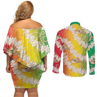 Vanuatu Cowboy Couples Matching Off Shoulder Short Dress and Long Sleeve Button Shirt Straw Hats Hibiscus With Sand Drawing - Polynesian Pride