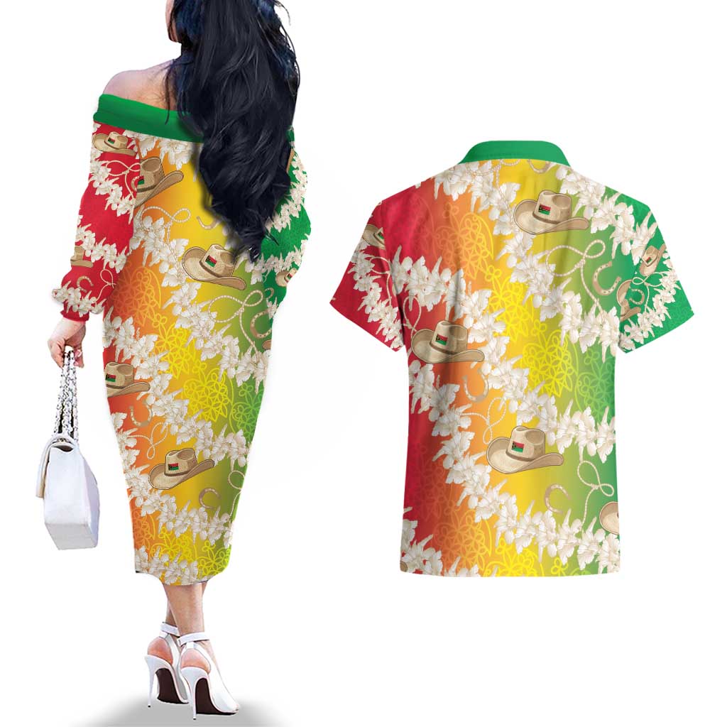 Vanuatu Cowboy Couples Matching Off The Shoulder Long Sleeve Dress and Hawaiian Shirt Straw Hats Hibiscus With Sand Drawing - Polynesian Pride