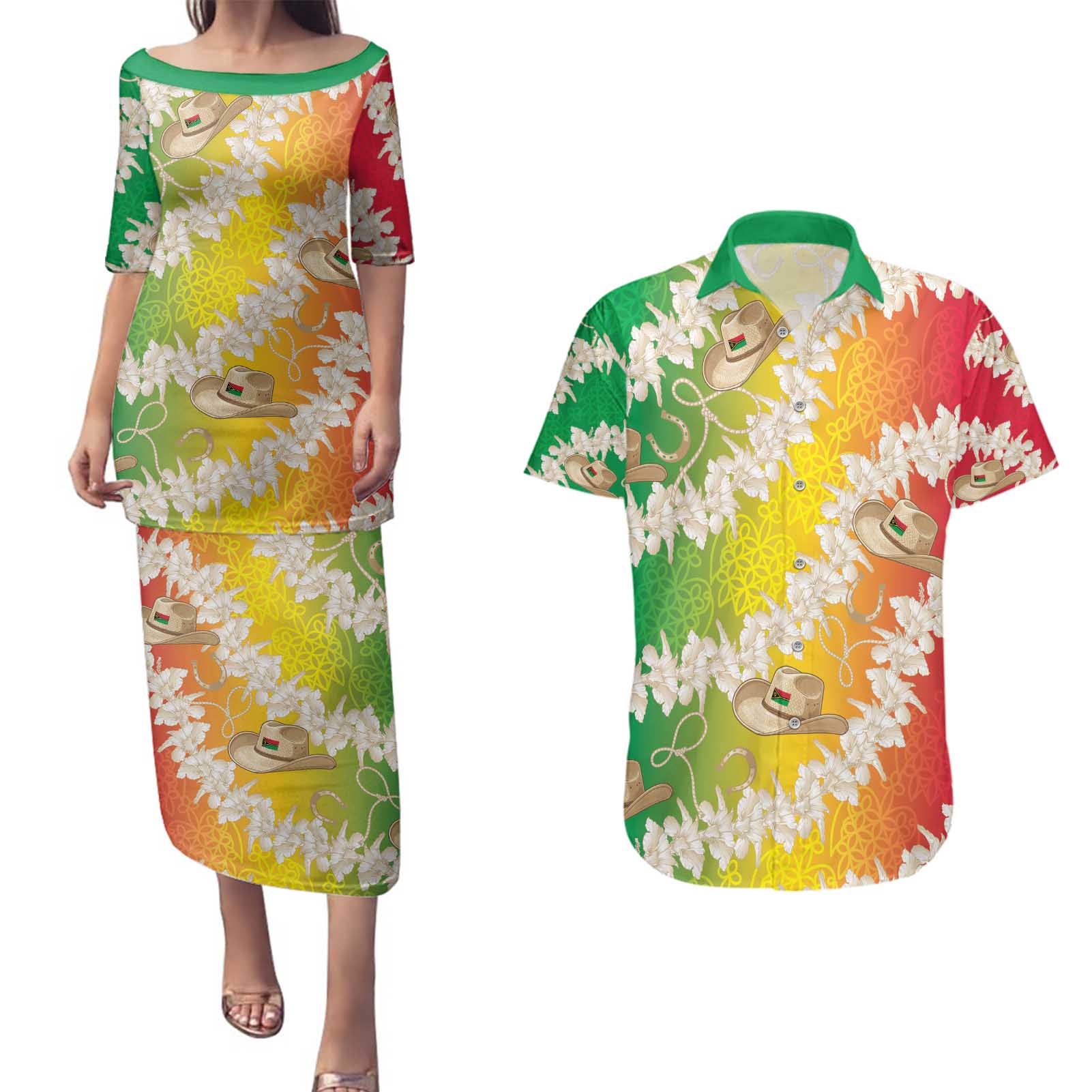 Vanuatu Cowboy Couples Matching Puletasi and Hawaiian Shirt Straw Hats Hibiscus With Sand Drawing - Polynesian Pride
