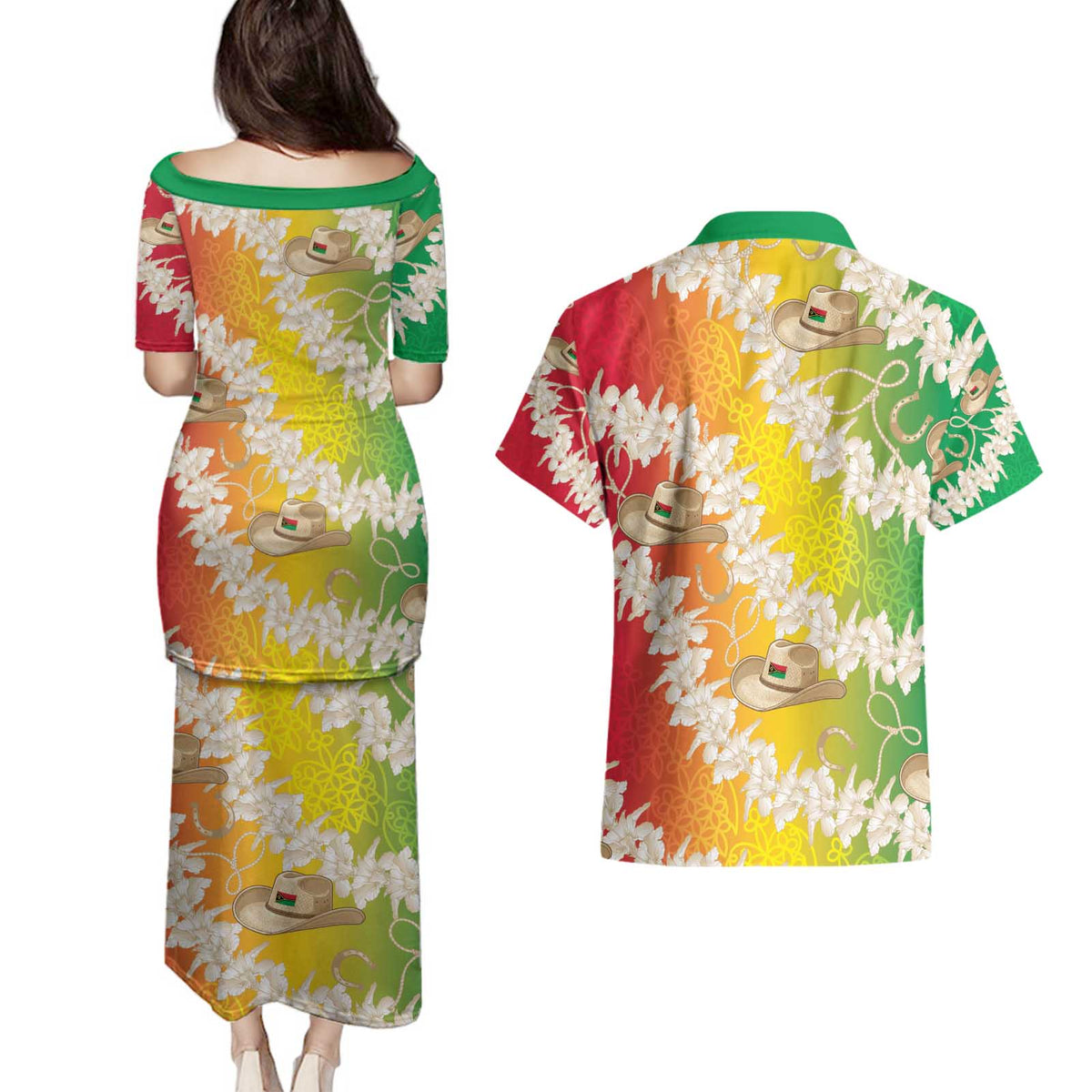 Vanuatu Cowboy Couples Matching Puletasi and Hawaiian Shirt Straw Hats Hibiscus With Sand Drawing - Polynesian Pride