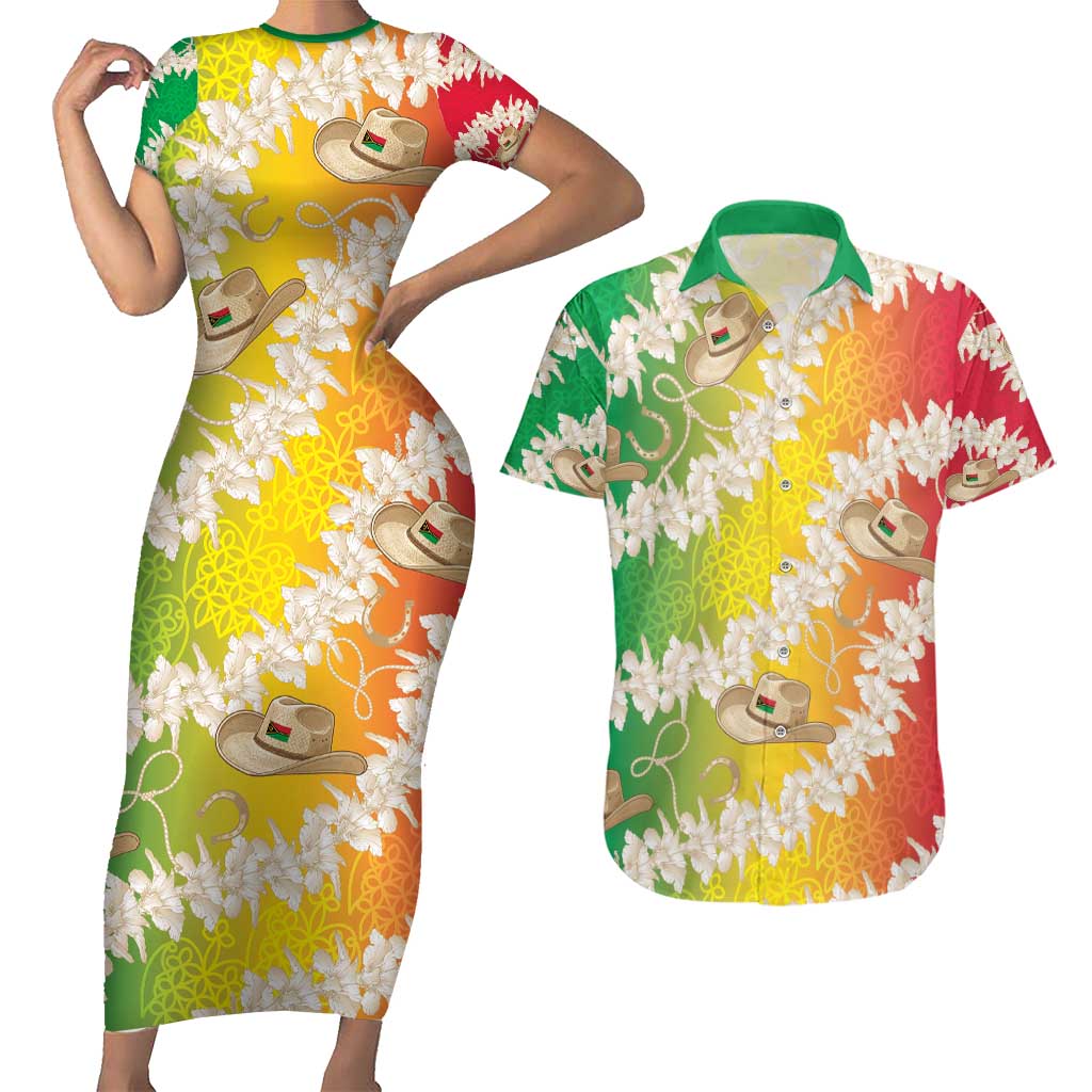 Vanuatu Cowboy Couples Matching Short Sleeve Bodycon Dress and Hawaiian Shirt Straw Hats Hibiscus With Sand Drawing - Polynesian Pride