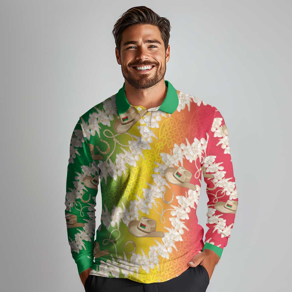 Vanuatu Cowboy Long Sleeve Polo Shirt Straw Hats Hibiscus With Sand Drawing - Polynesian Pride