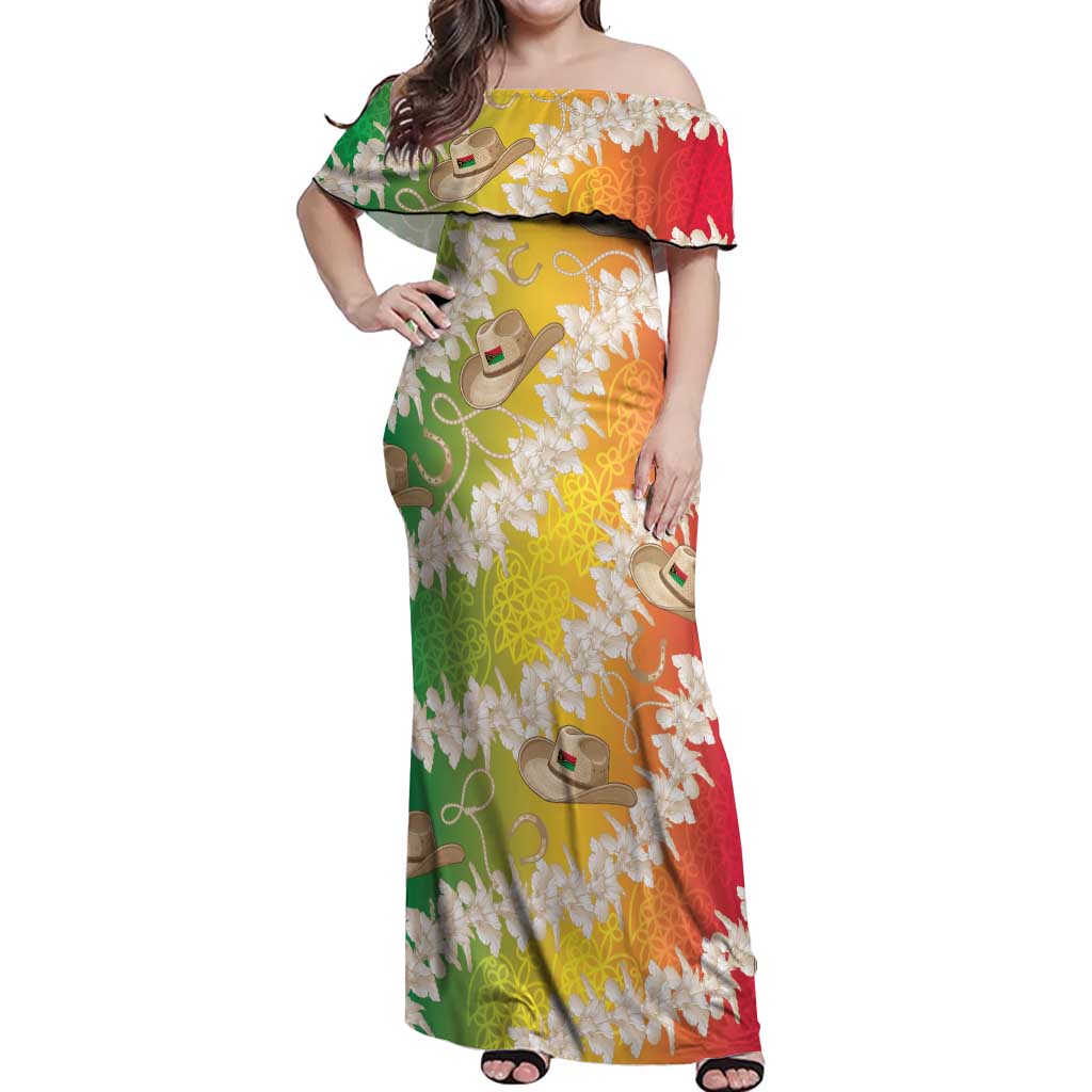Vanuatu Cowboy Off Shoulder Maxi Dress Straw Hats Hibiscus With Sand Drawing - Polynesian Pride