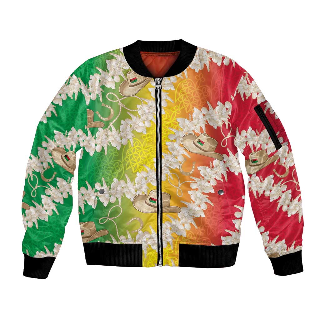 Vanuatu Cowboy Sleeve Zip Bomber Jacket Straw Hats Hibiscus With Sand Drawing - Polynesian Pride