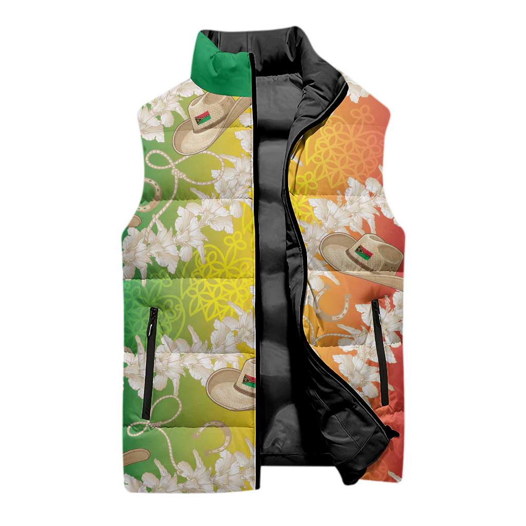 Vanuatu Cowboy Sleeveless Puffer Jacket Straw Hats Hibiscus With Sand Drawing - Polynesian Pride
