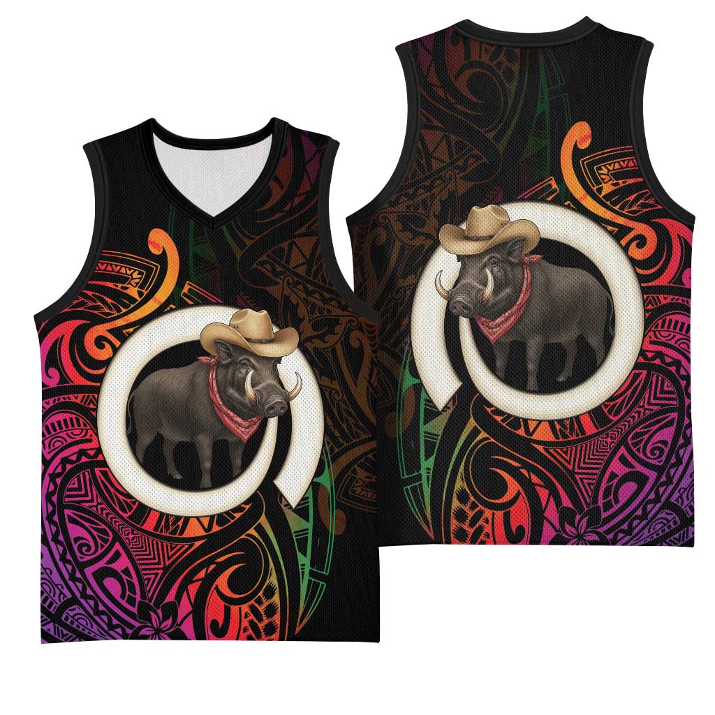 Vanuatu Boar Cowboy Basketball Jersey Tusk Gradient Polynesian Pattern - Polynesian Pride